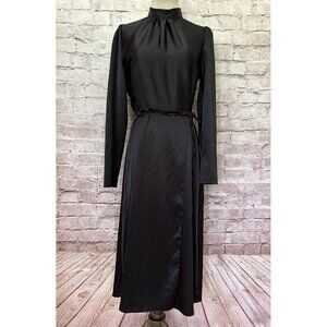 River Island Womens Dress Black Satin Long Sleeve Midi A- Line Mock Neck UK 10